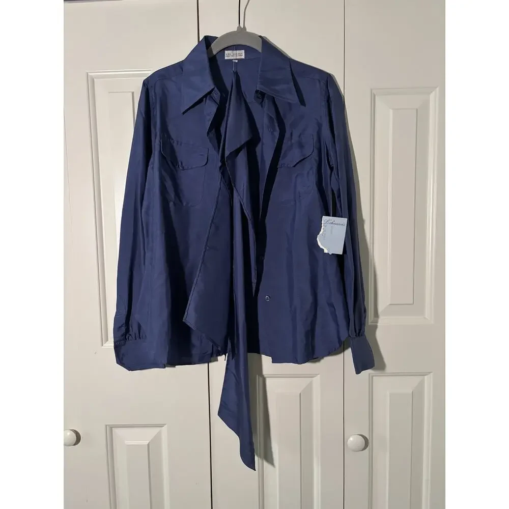 Vintage 100% Silk Blue Button Down Shirt with Tie, Size S - Picture 3 of 11